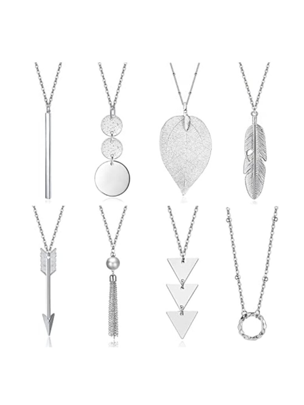 8 Piece Long Necklace Set - Pendant Necklaces for Women, Hypoallergenic Alloy